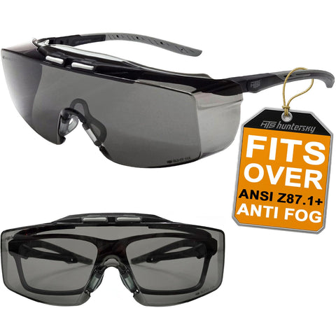 HTS HUNTERSKY safety glasses worn over prescription glasses with full protection.