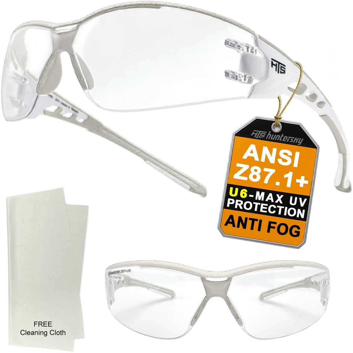 HTS HUNTERSKY E9532 wrap-around safety glasses viewed from side, highlighting flexible frame.