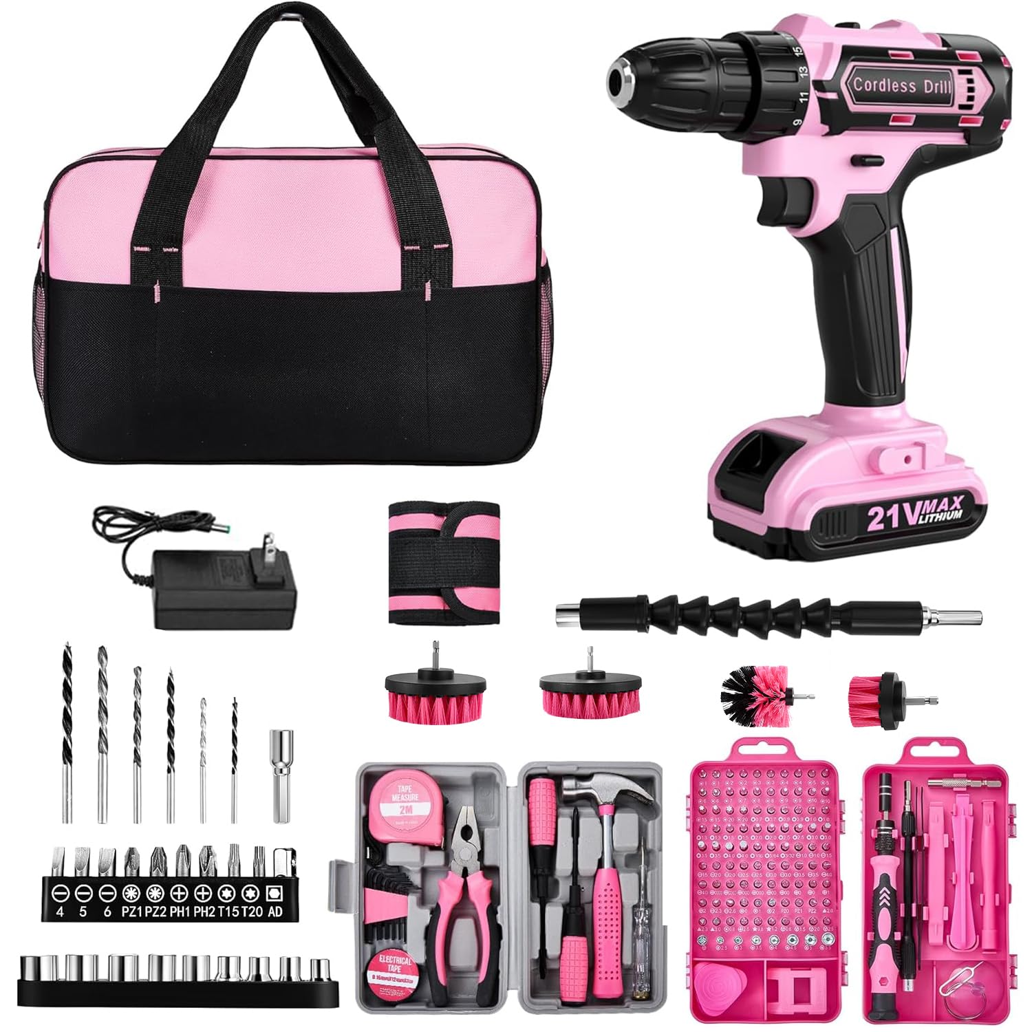 HUAKAYO cordless drill with pink carry bag, ideal for home repairs and DIY projects.