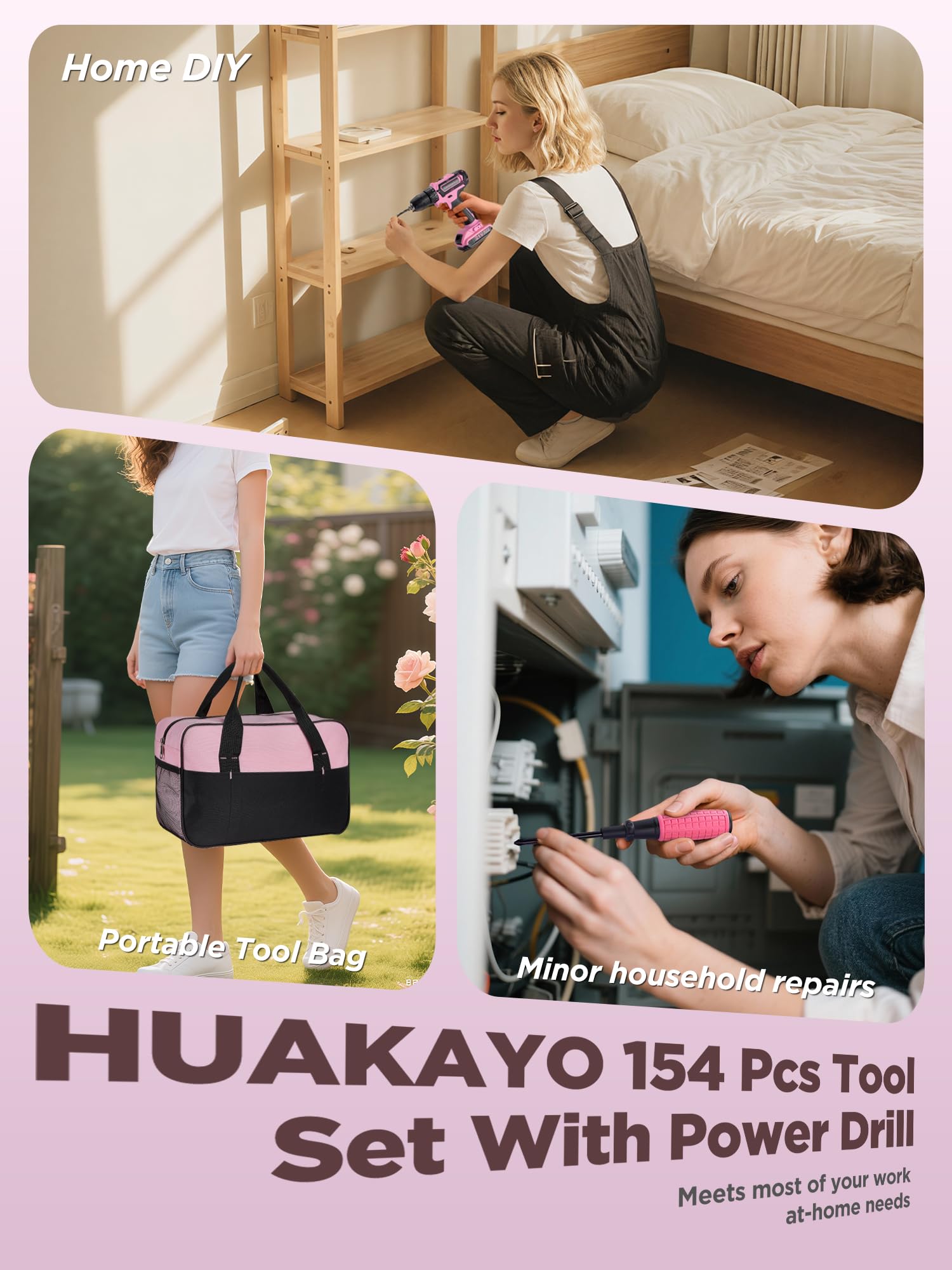 HUAKAYO gift-ready pink toolkit for moms and DIY enthusiasts.
