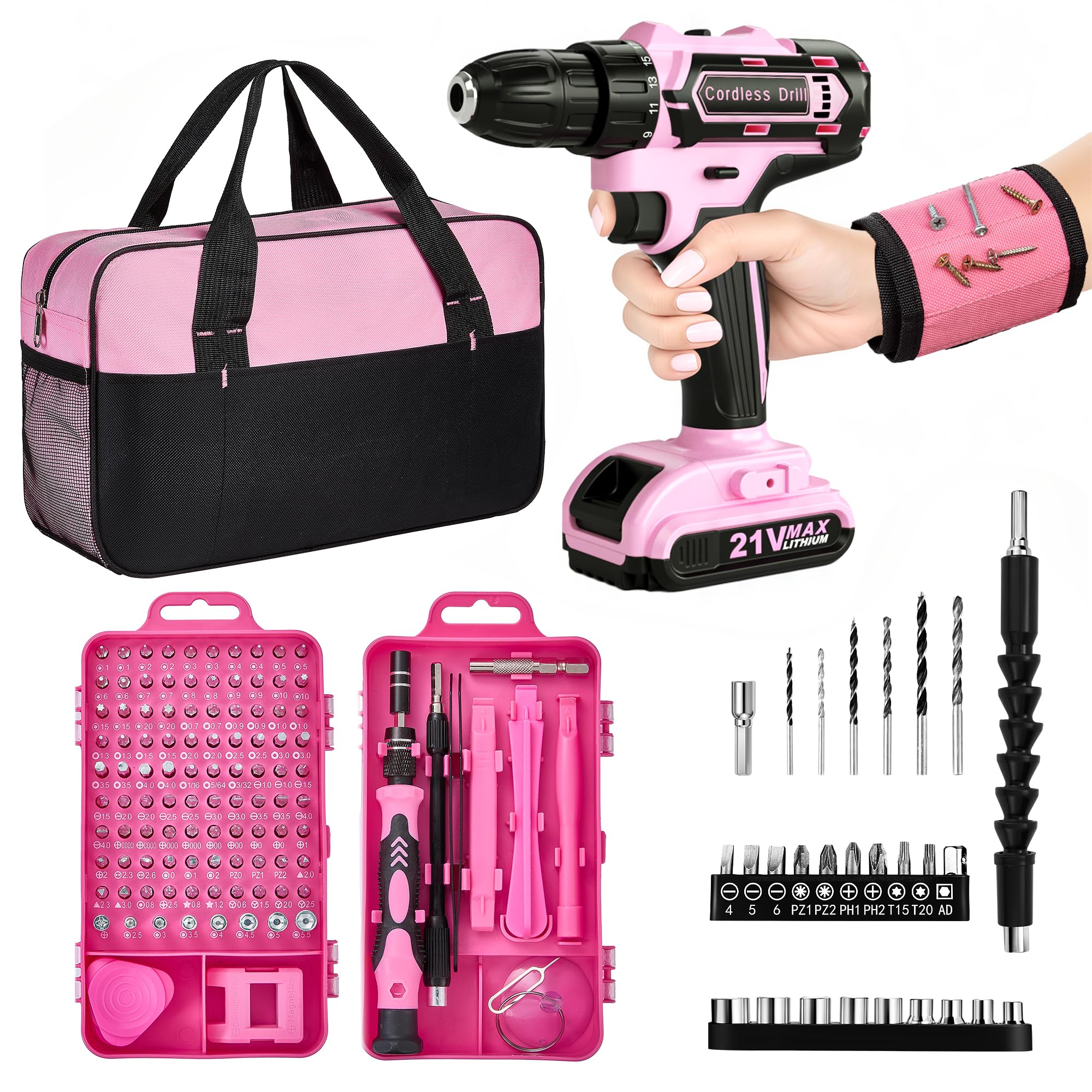 HUAKAYO pink cordless drill 21V with comfortable grip for effortless screwdriving.