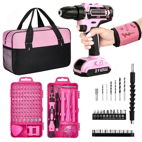 HUAKAYO pink cordless drill 21V with comfortable grip for effortless screwdriving.