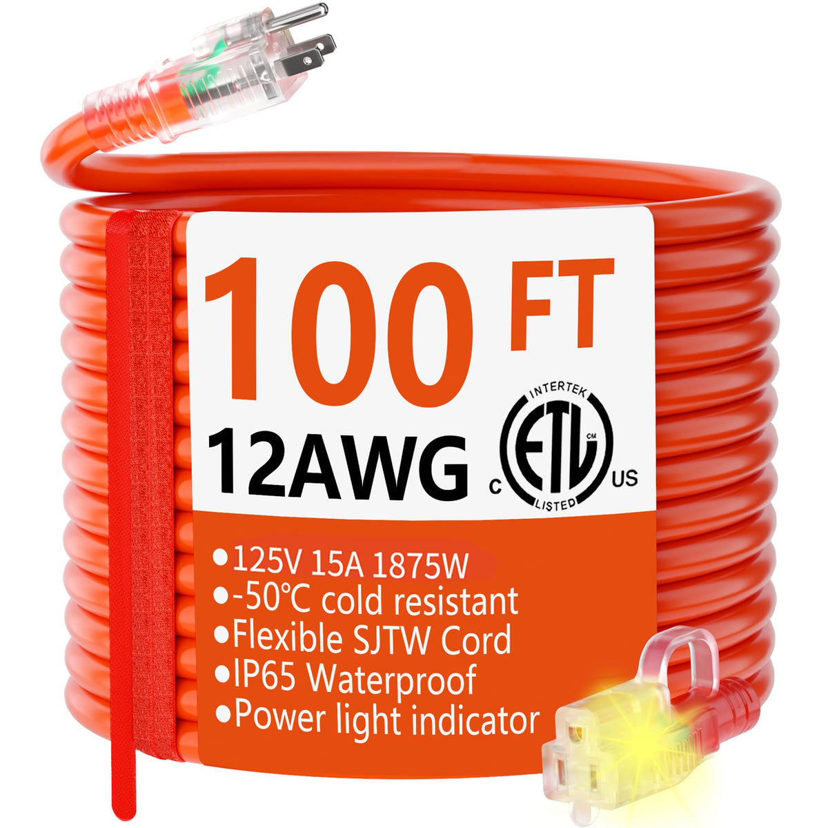 HUANCHAIN 100ft extension cord with lighted end enhances safety and visibility.