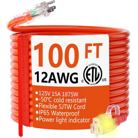 HUANCHAIN 100ft extension cord with lighted end enhances safety and visibility.