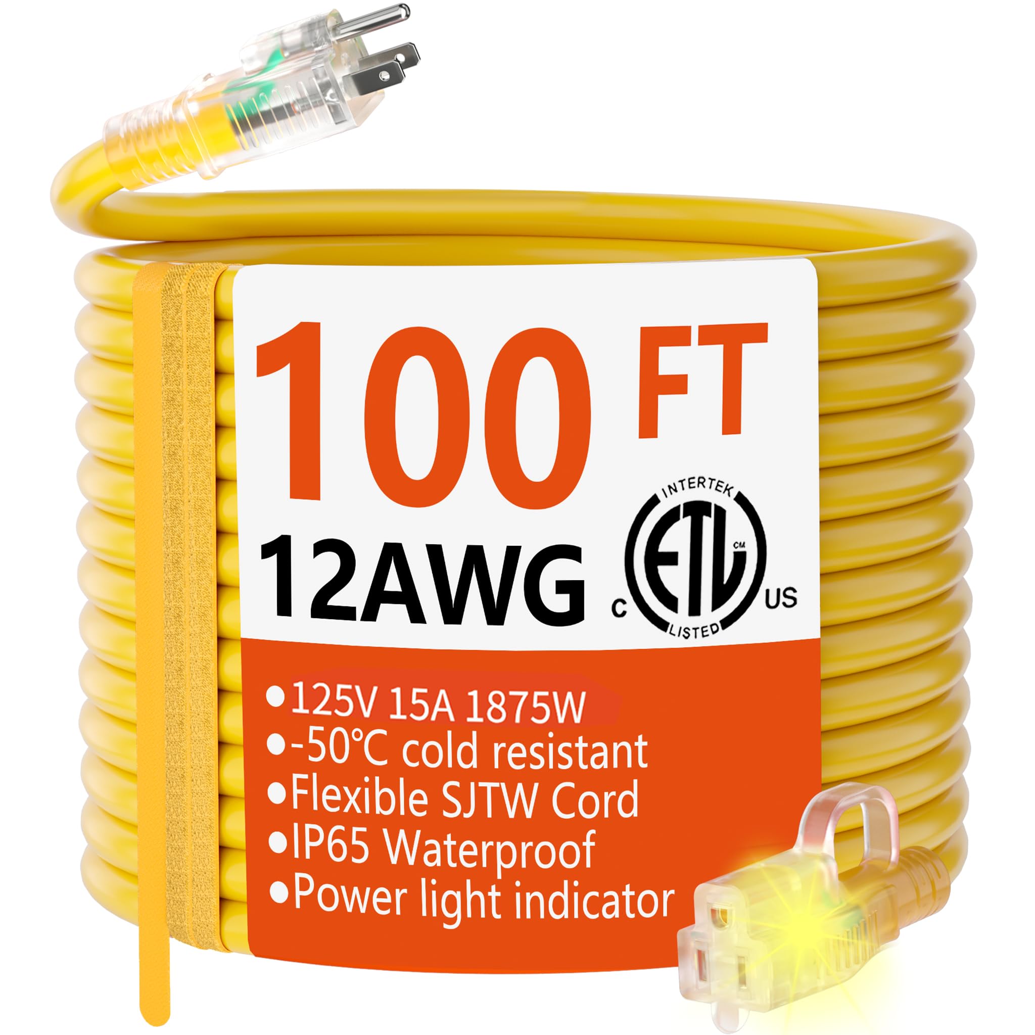 Huanchain 100ft outdoor extension cord with lighted end for safe power status