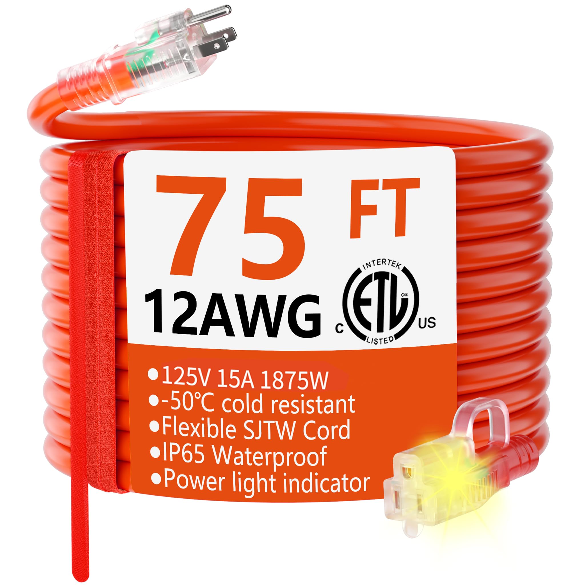 Huanchain 12/3 gauge extension cord 75ft for outdoor power delivery.