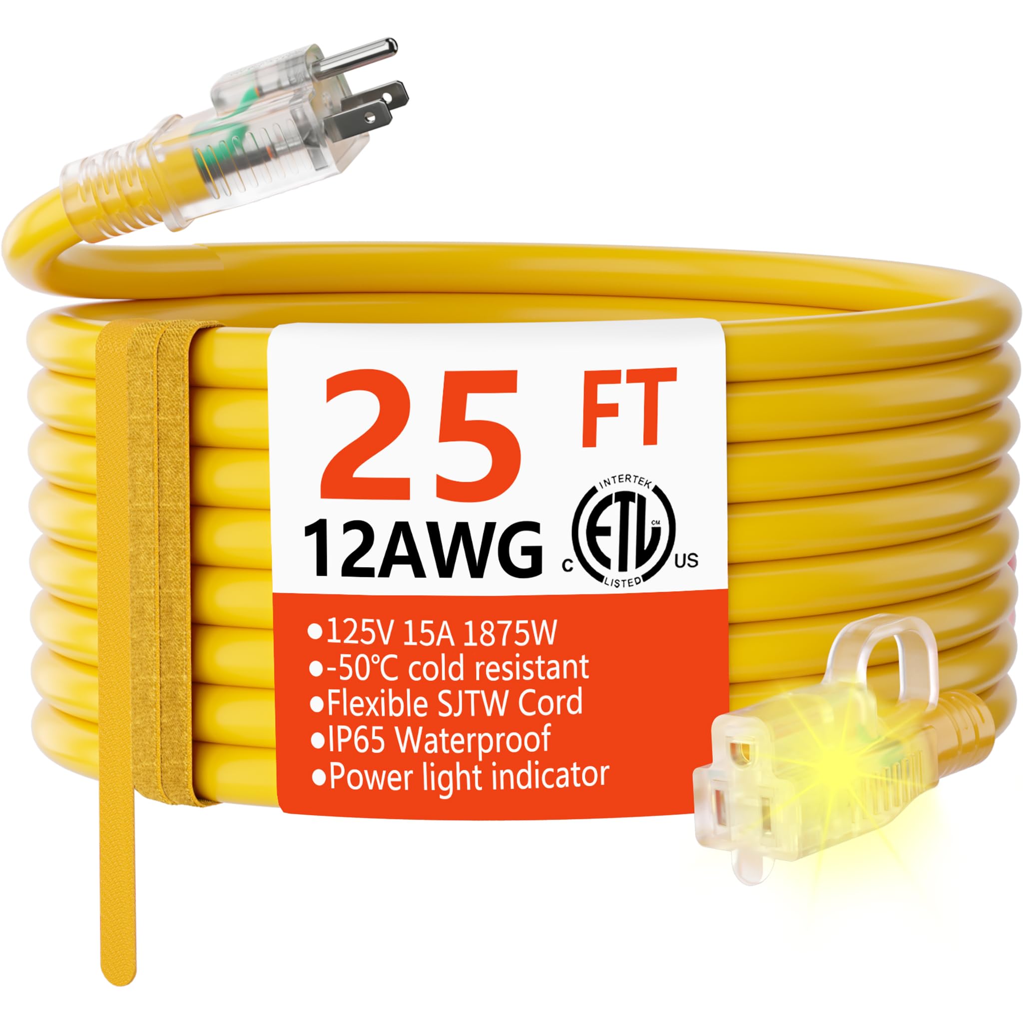 HUANCHAIN 12 AWG outdoor extension cord 25 ft in yellow for high visibility and reliability.