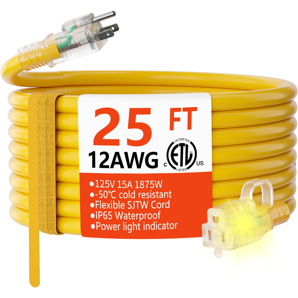 HUANCHAIN 12 AWG outdoor extension cord 25 ft in yellow for high visibility and reliability.