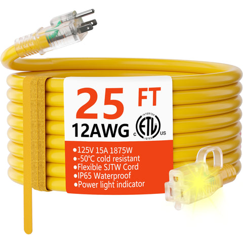HUANCHAIN 12 AWG outdoor extension cord 25 ft in yellow for high visibility and reliability.