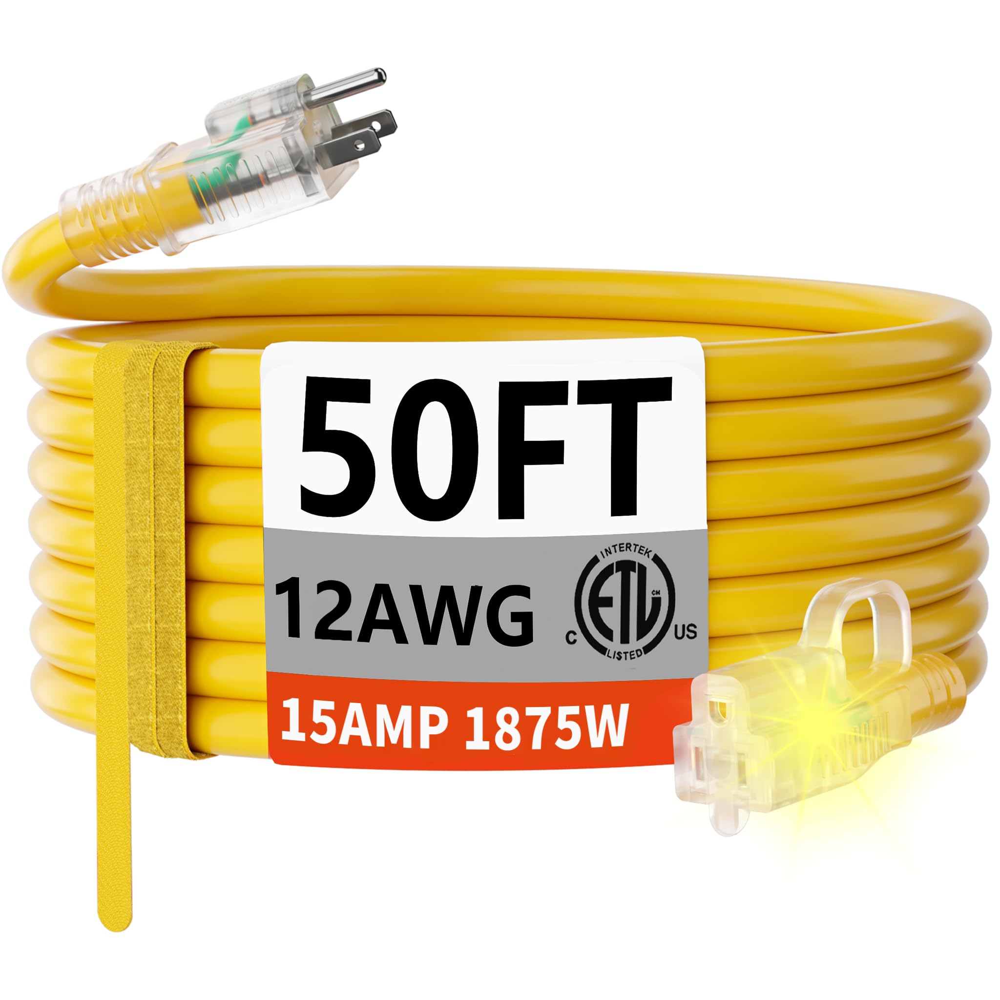 HUANCHAIN 50ft outdoor extension cord in bright yellow for high visibility and extended reach.