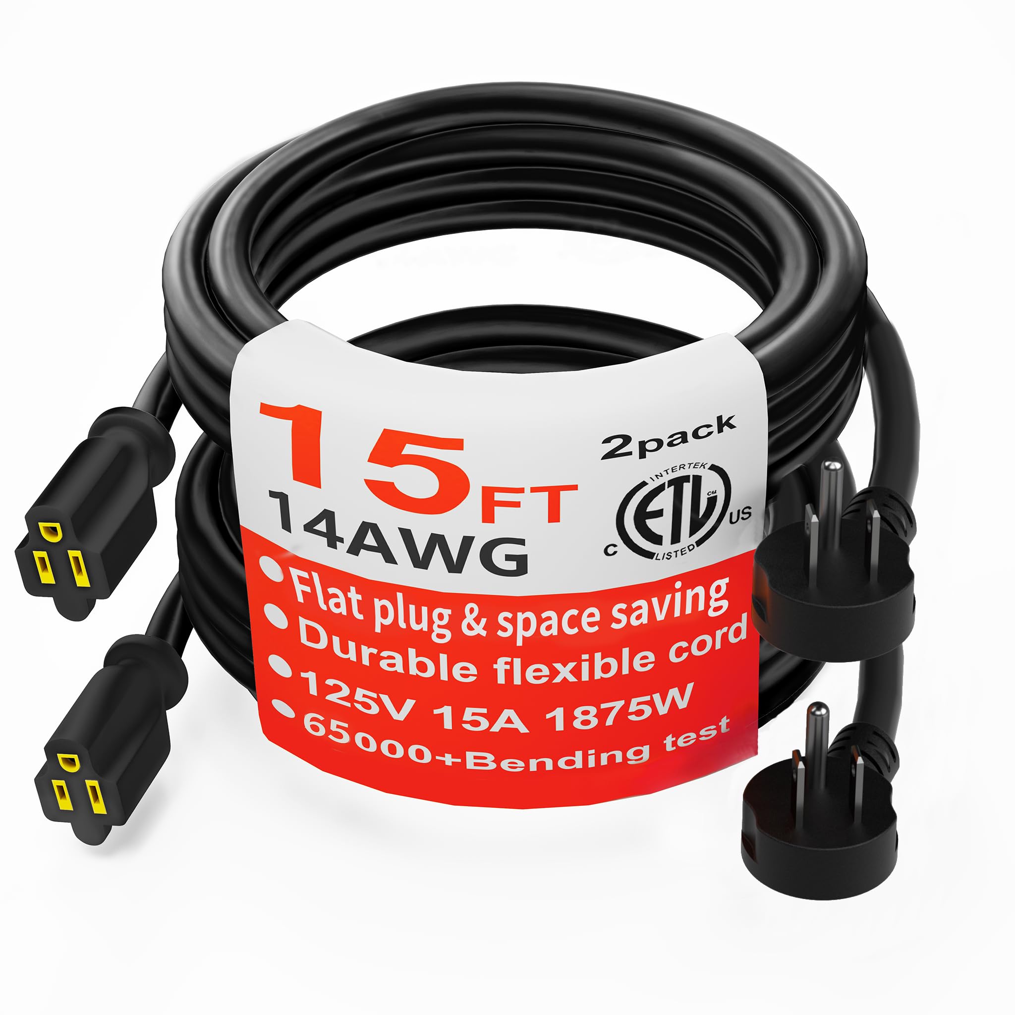 HUANCHAIN flat plug extension cord 15ft two-pack for tight spaces and wall outlets