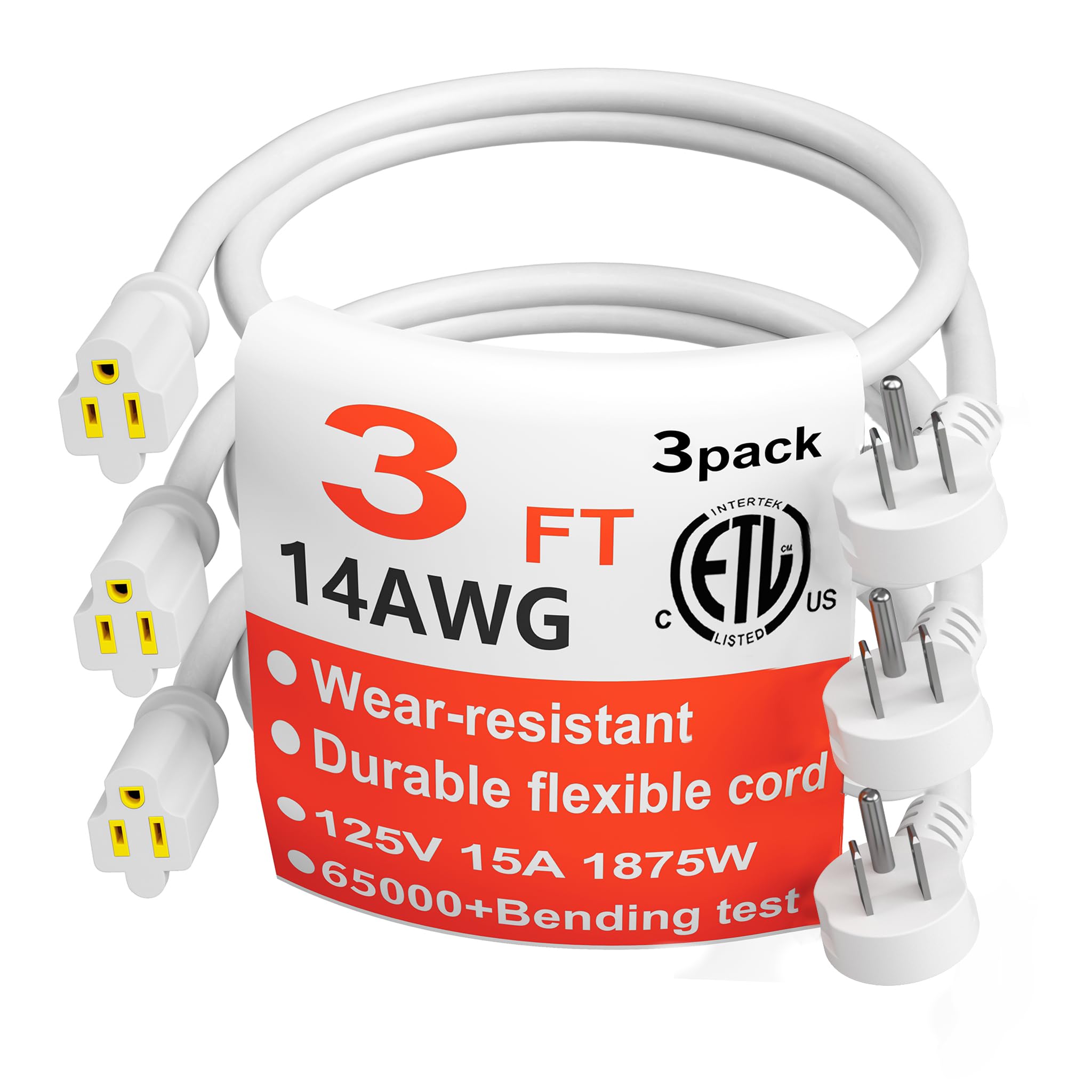 Huanchain flat-plug extension cord 3ft white for space-saving wall outlets.