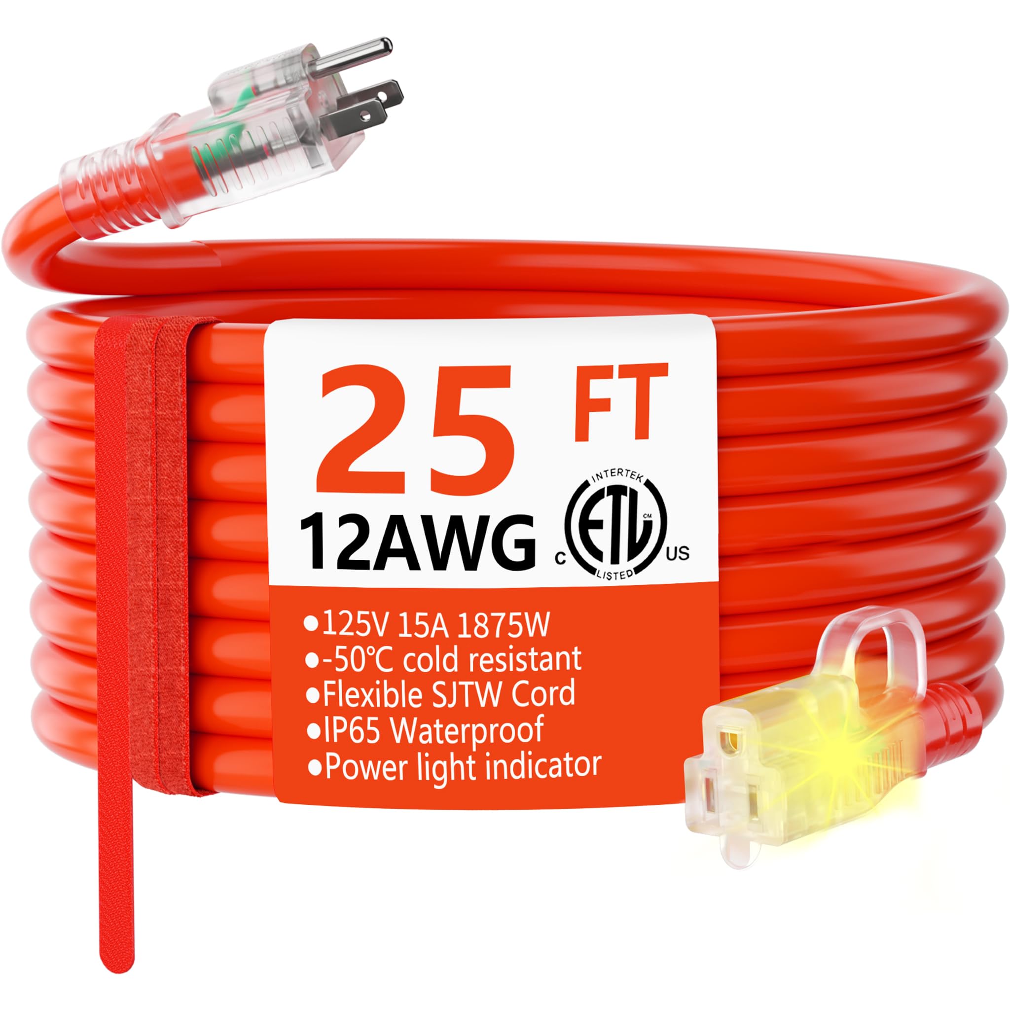 HUANCHAIN 25 ft extension cord with lighted end for quick power status.