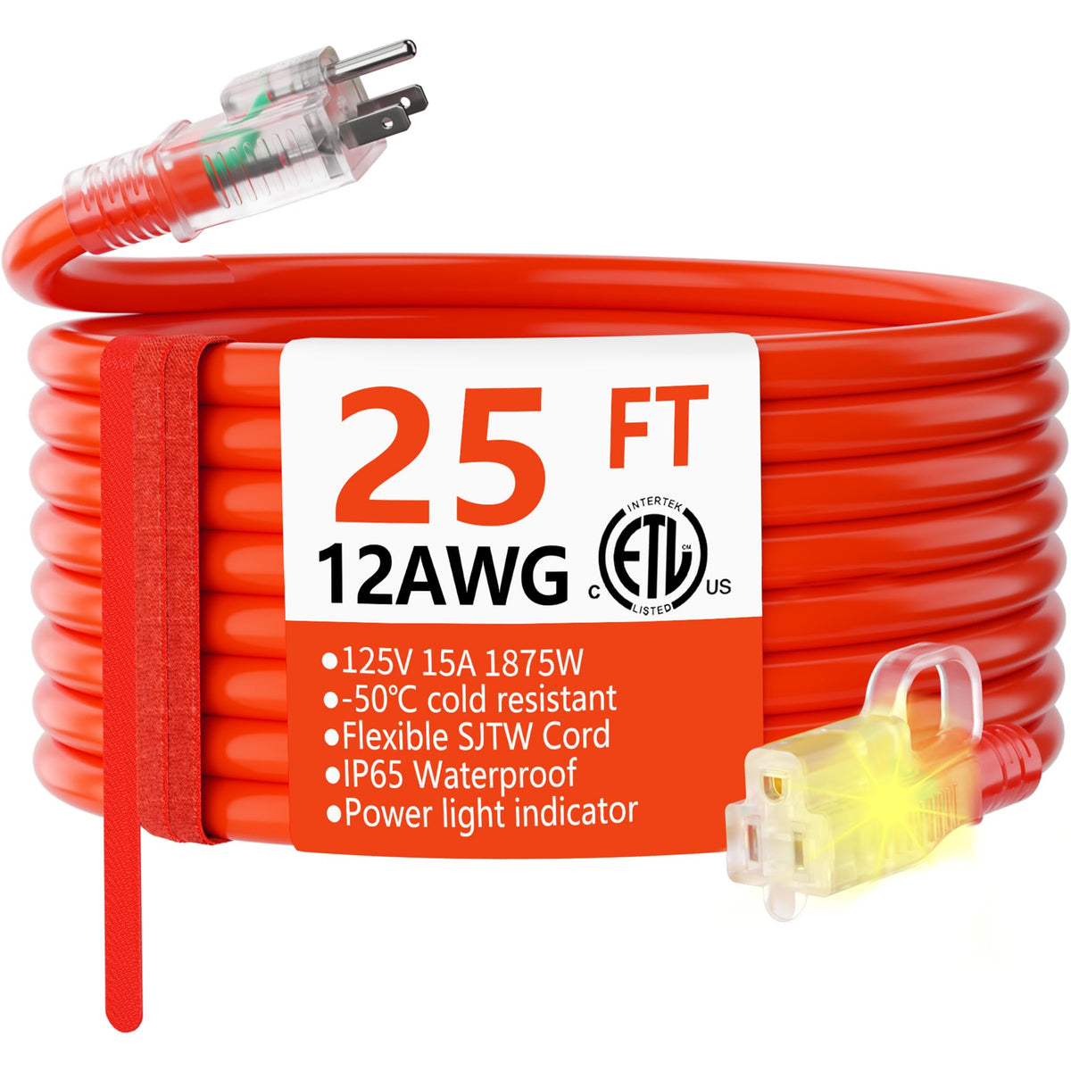 HUANCHAIN 25 ft extension cord with lighted end for quick power status.