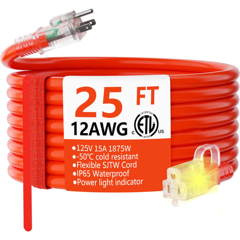 HUANCHAIN 25 ft extension cord with lighted end for quick power status.