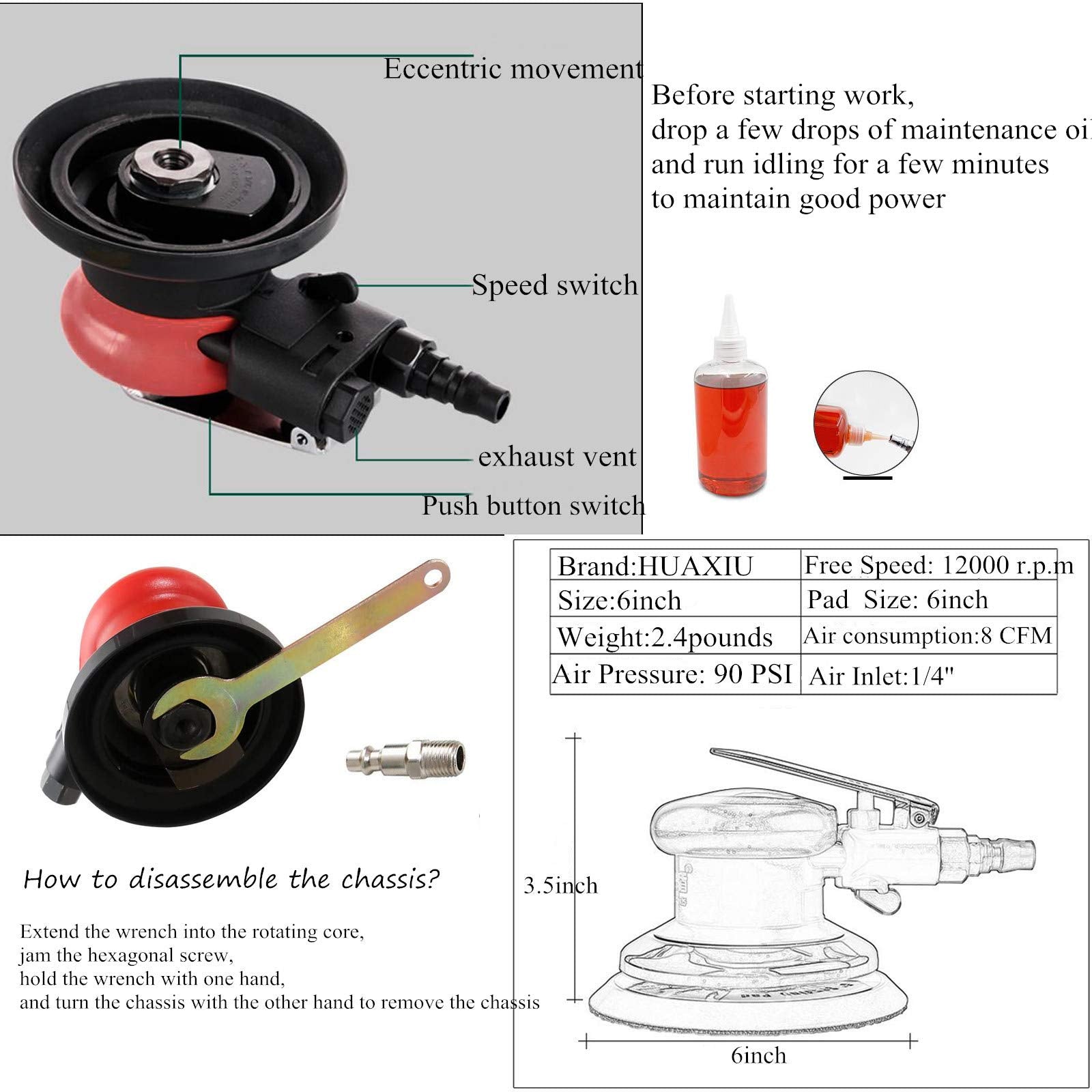 HUAXIU 6-inch hook-and-loop pad enabling quick paper changes.