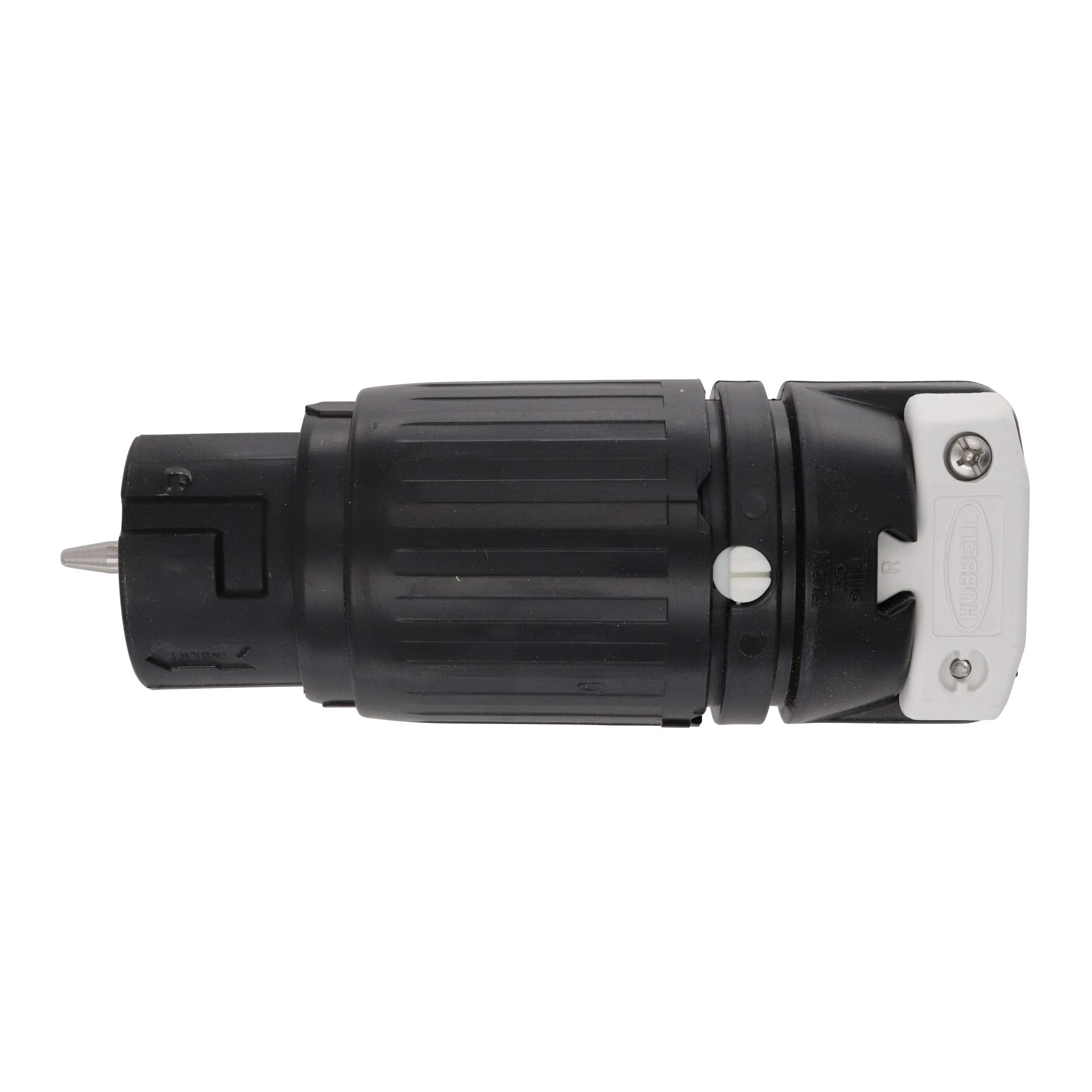 Hubbell CS6364C locking connector close-up showing rugged construction for heavy-duty power applications