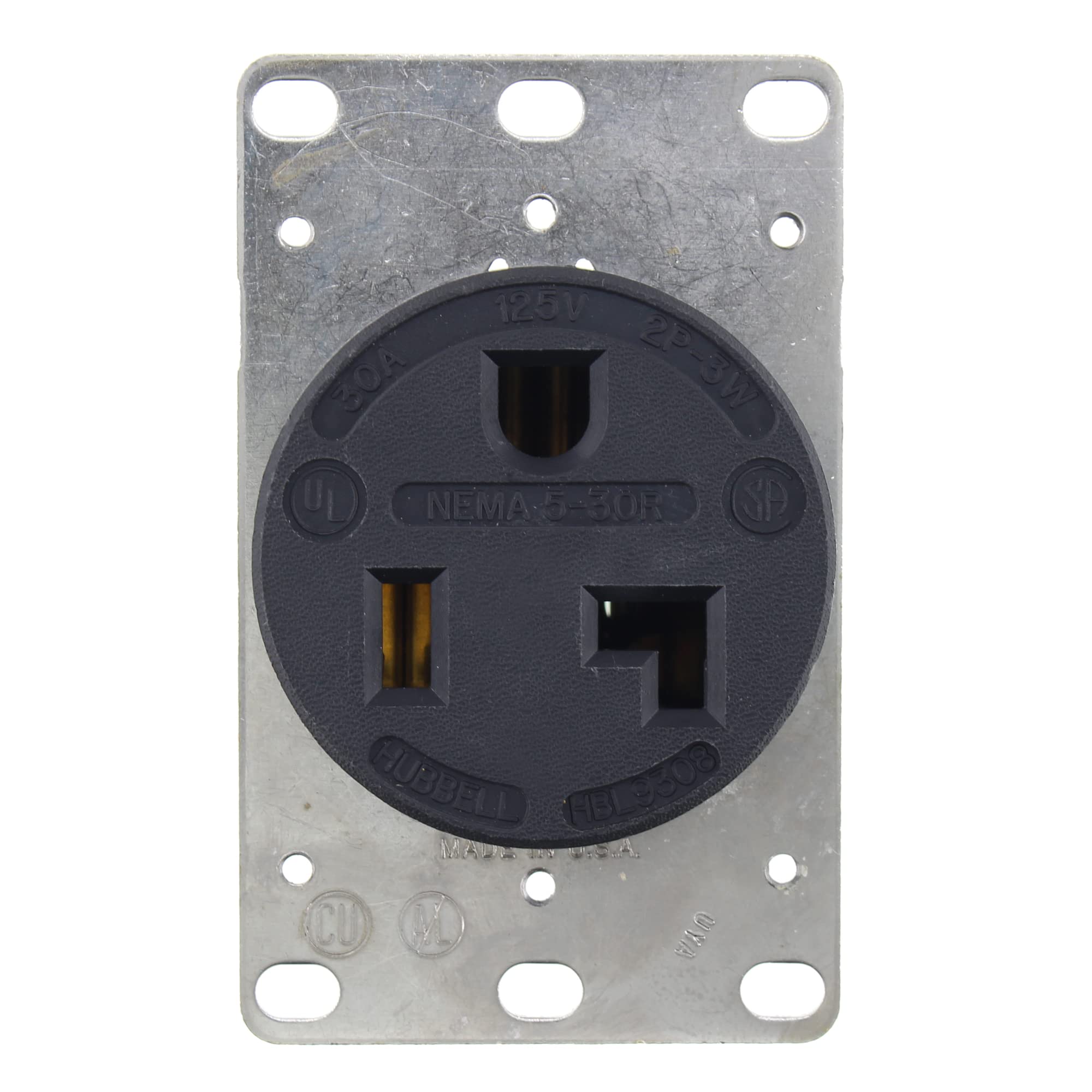 Hubbell HBL9308 flush mount receptacle in black provides 30A 125V power for workshops