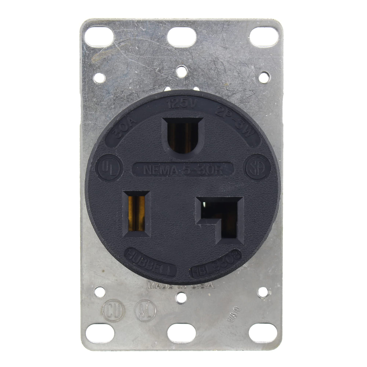 Hubbell HBL9308 flush mount receptacle in black provides 30A 125V power for workshops