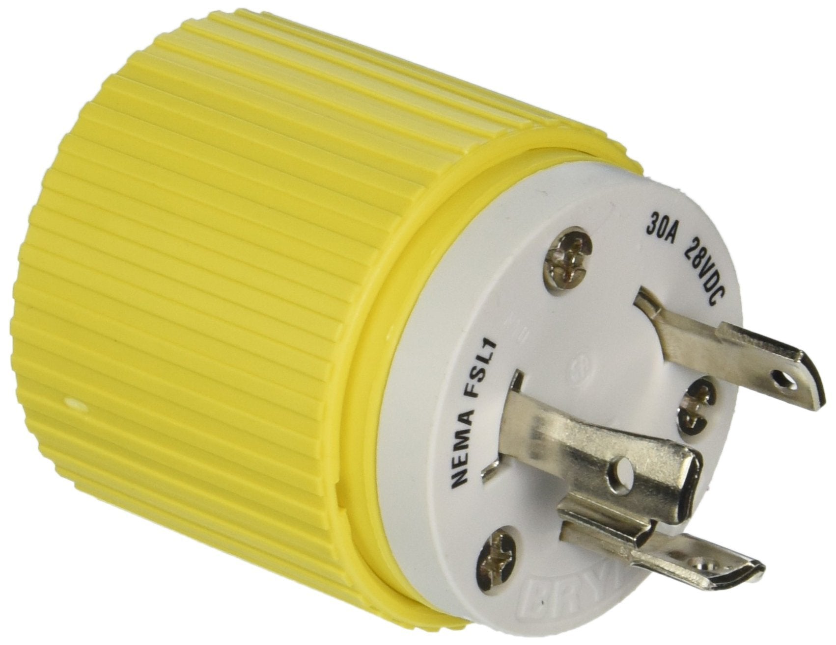 Hubbell HBL328DCP locking plug front view with rugged nylon housing for reliability.