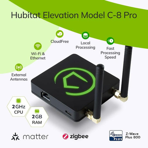 Hubitat Elevation C-8 Pro back panel highlights ports for network connections