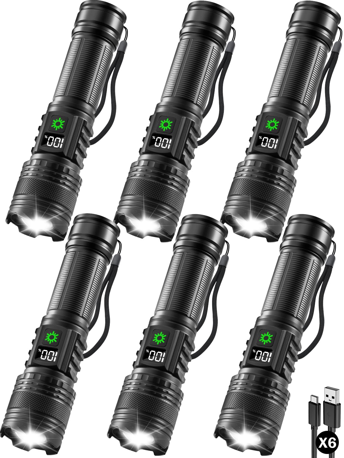 Huccbs 6Pack rechargeable flashlights with beam focus for reliable night illumination.