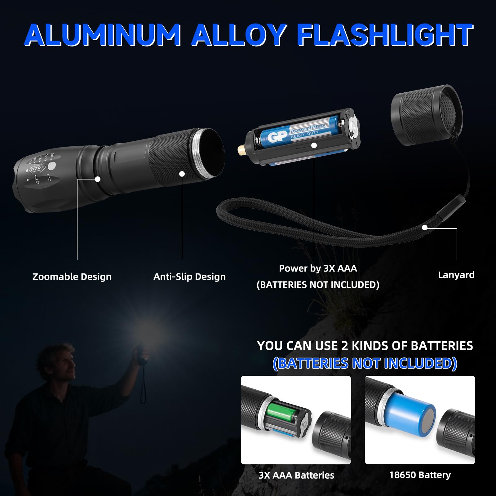 Huccbs versatile pocket torch supports 3xAAA or 1x18650 batteries.