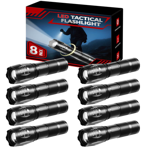 Huccbs 8-pack compact flashlight with zoomable head for focused outdoor illumination.