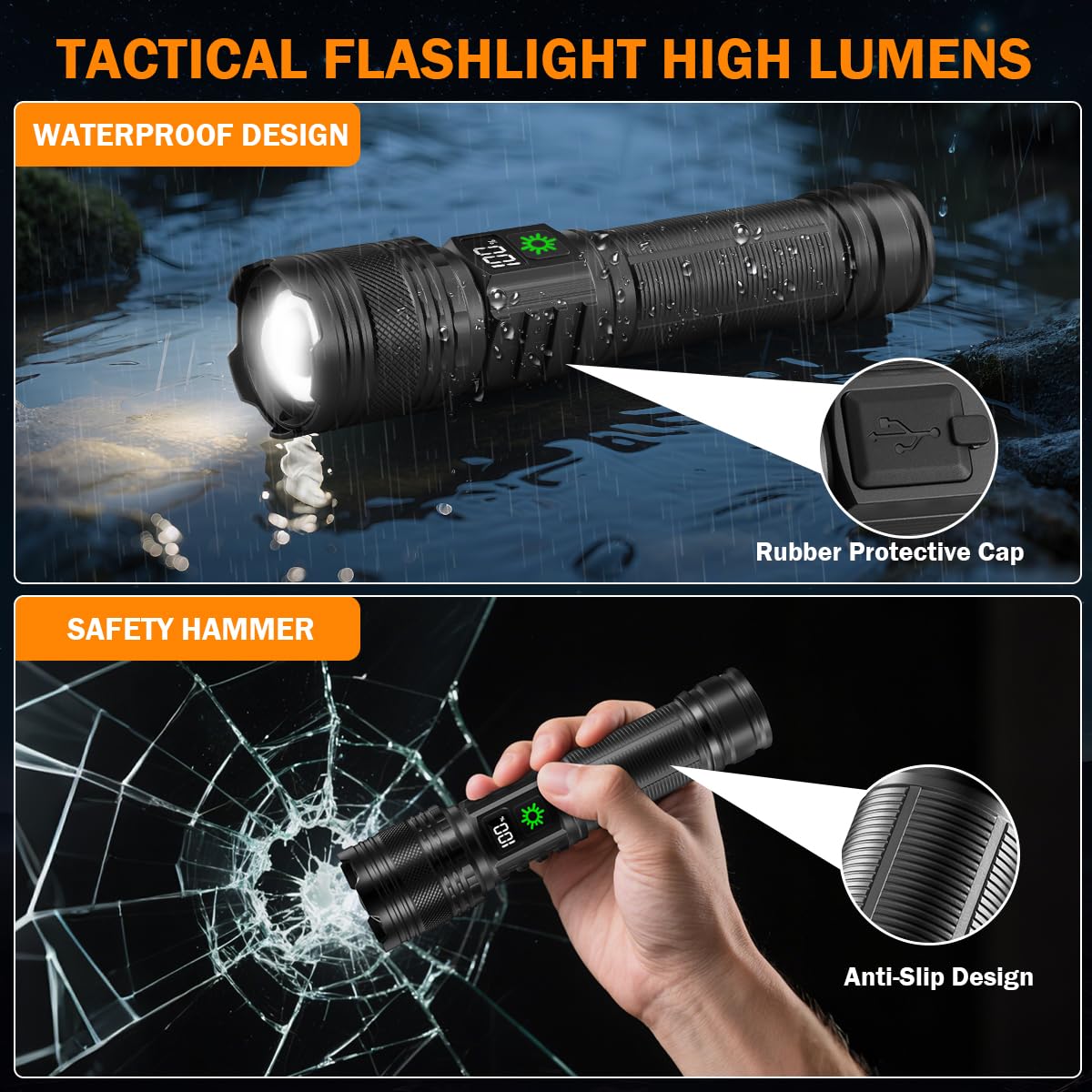 Huccbs flashlight with adjustable focus for long-range spot and wide-area floodlight.