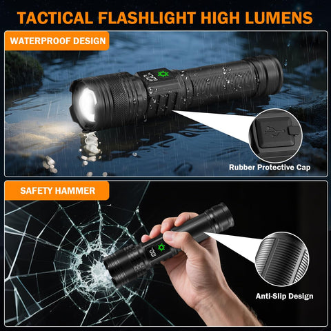 Huccbs flashlight with adjustable focus for long-range spot and wide-area floodlight.