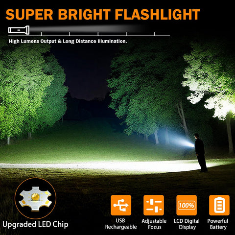 Huccbs LED flashlight LCD display shows battery percentage for easy monitoring.