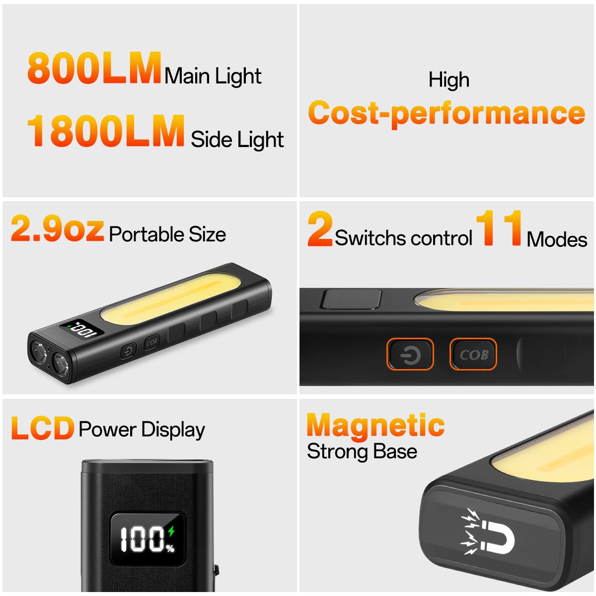 Huccbs rechargeable flashlight side 1800lm wide-coverage for broad-area visibility.