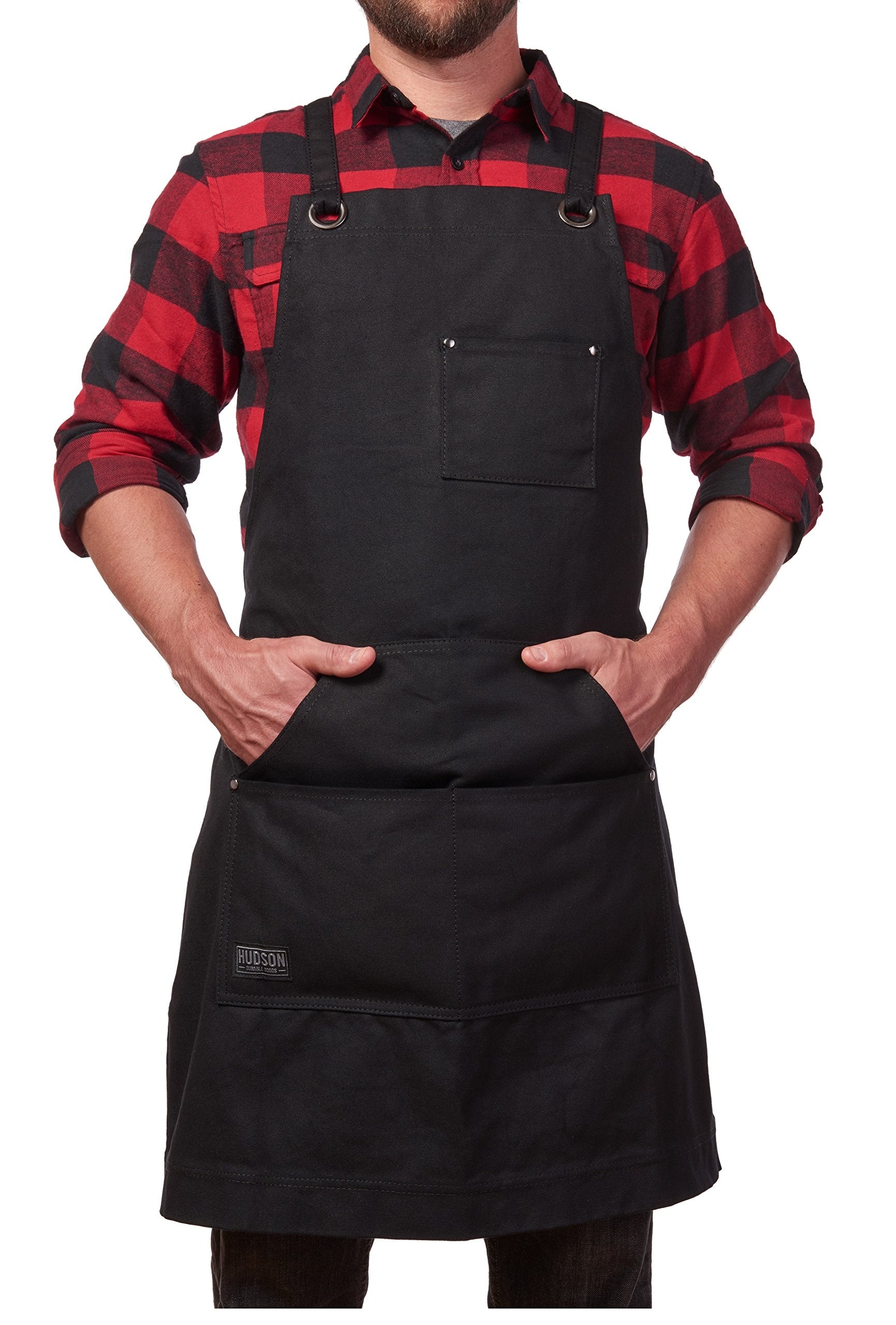 Hudson Durable Goods waxed canvas apron back view with crossback straps for balanced comfort.