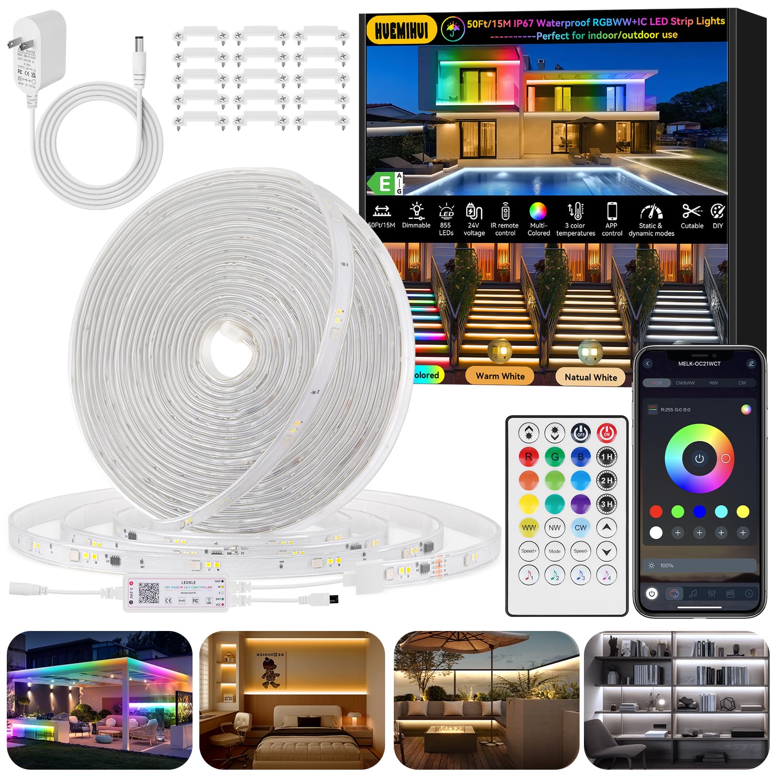 HUEMIHUI 50ft outdoor RGBWW IC LED strip with app control for vibrant outdoor ambiance.