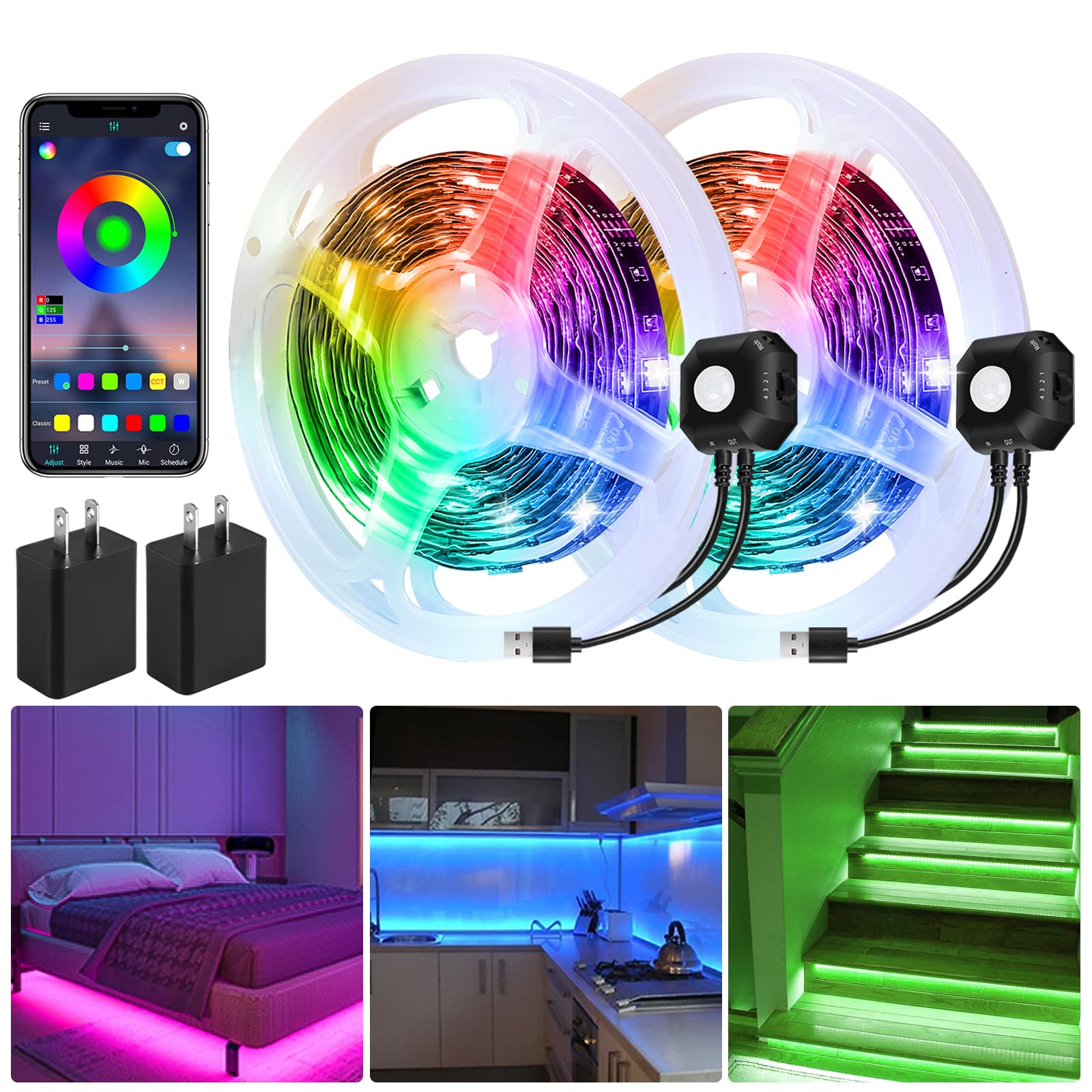 HUEMIHUI motion-activated under-bed light strips illuminate at night for safe navigation
