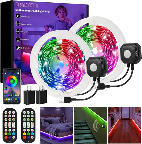 HUEMIHUI motion sensor under bed light strip illuminating the bed area softly for safe nighttime navigation