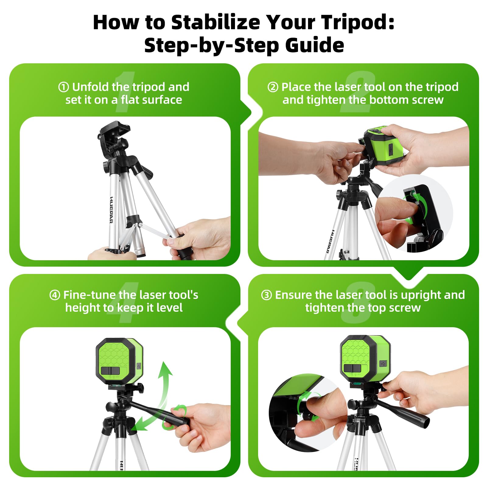 Huepar 256-inch tripod supports stable setup for varied heights.