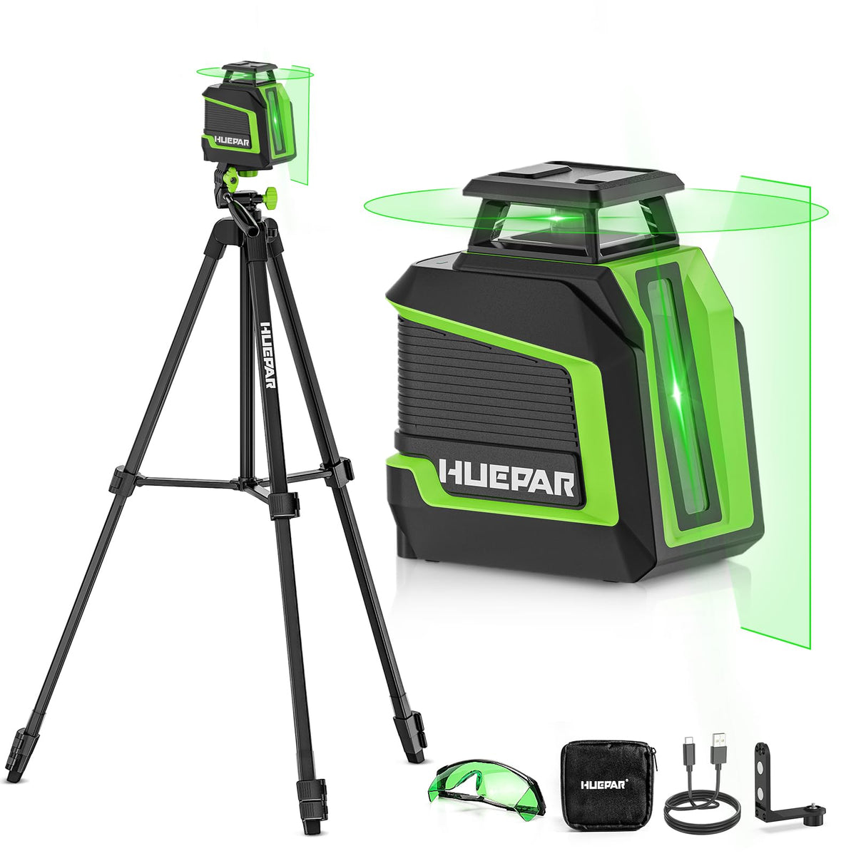 Huepar 360‑degree laser level on a stable 60‑inch tripod for steady indoor alignment