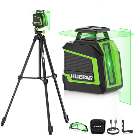 Huepar 360‑degree laser level on a stable 60‑inch tripod for steady indoor alignment