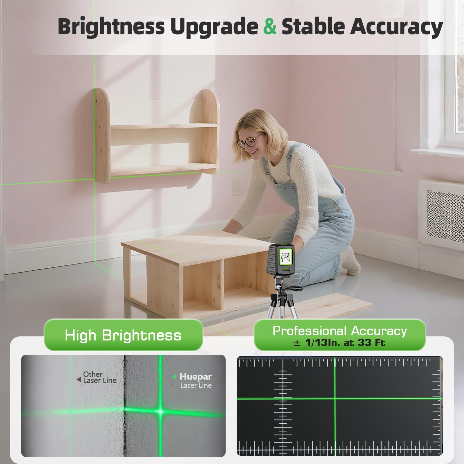 Extendable Huepar tripod provides stable height.