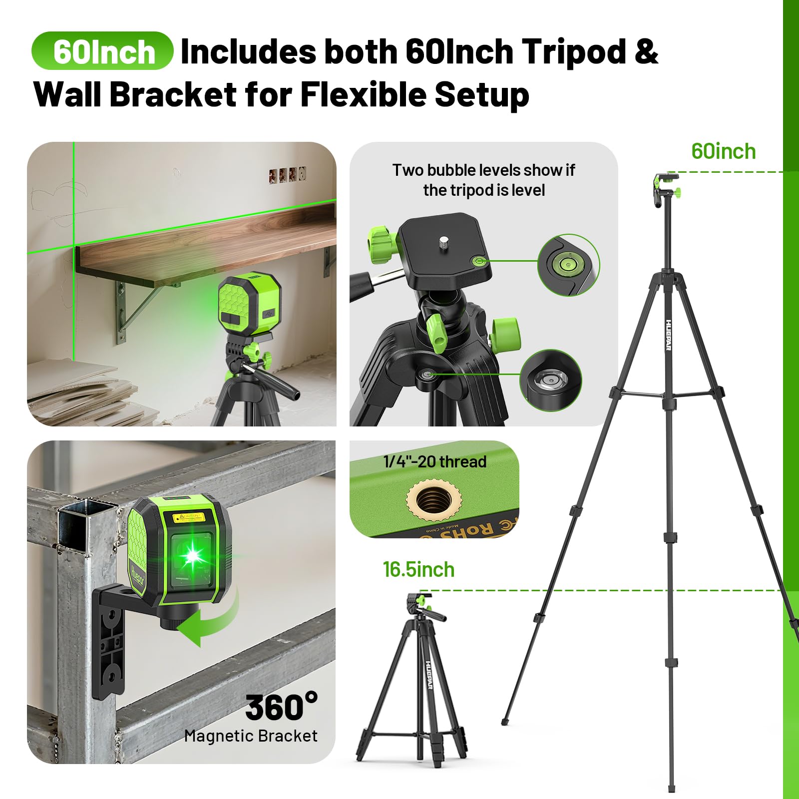 Huepar 60-inch aluminum tripod extended for stable indoor leveling.