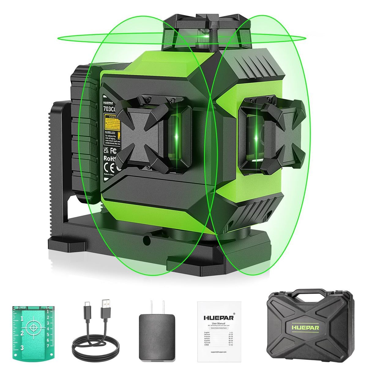 Huepar 703CG self-leveling 3D green laser for fast room layout.