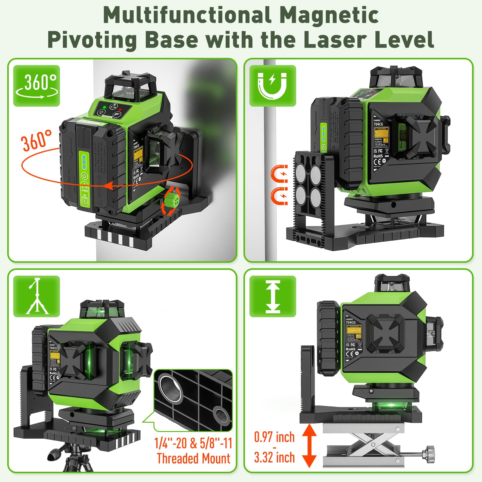 Huepar 704CG integrated magnetic bracket for quick mounting.