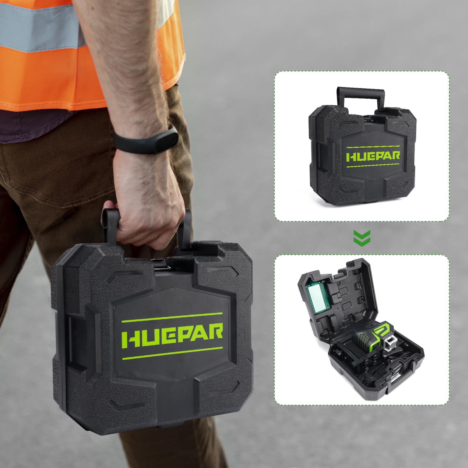 Huepar 7211CGA supports 1/4-20 mounting for versatile tripod positioning