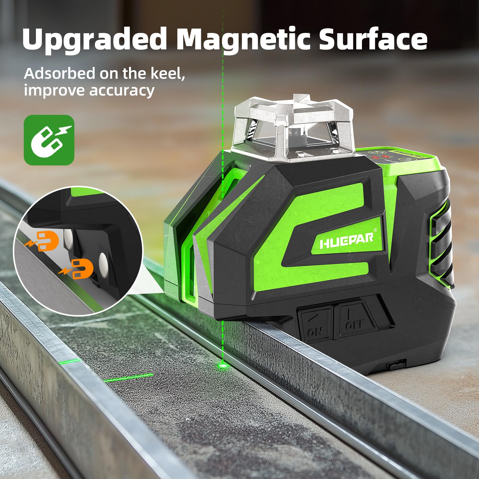 Huepar 7211CGA magnetic bracket enables easy setup on metal surfaces