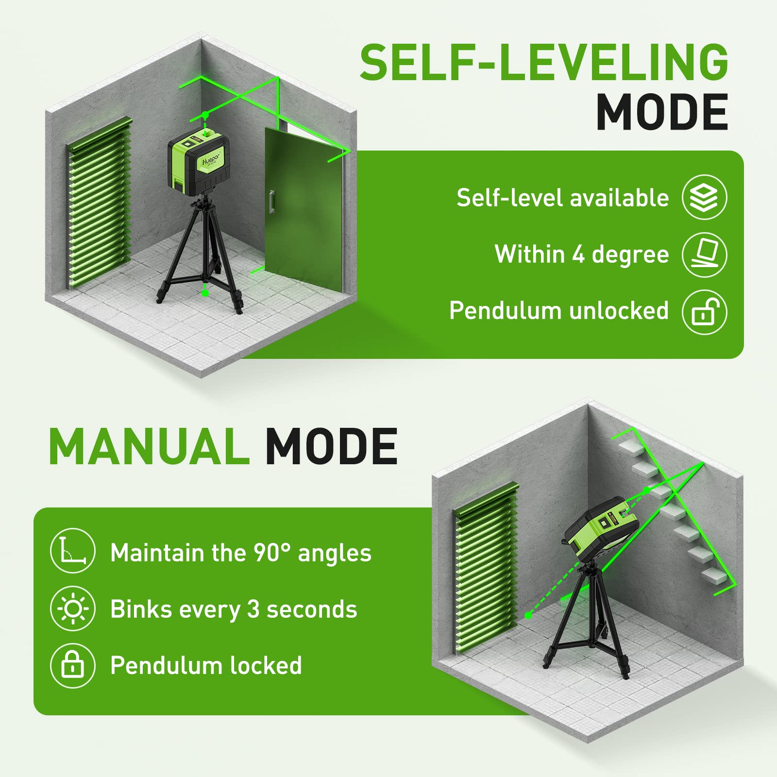 Huepar 9211G self-leveling pendulum maintains level lines for precise layout