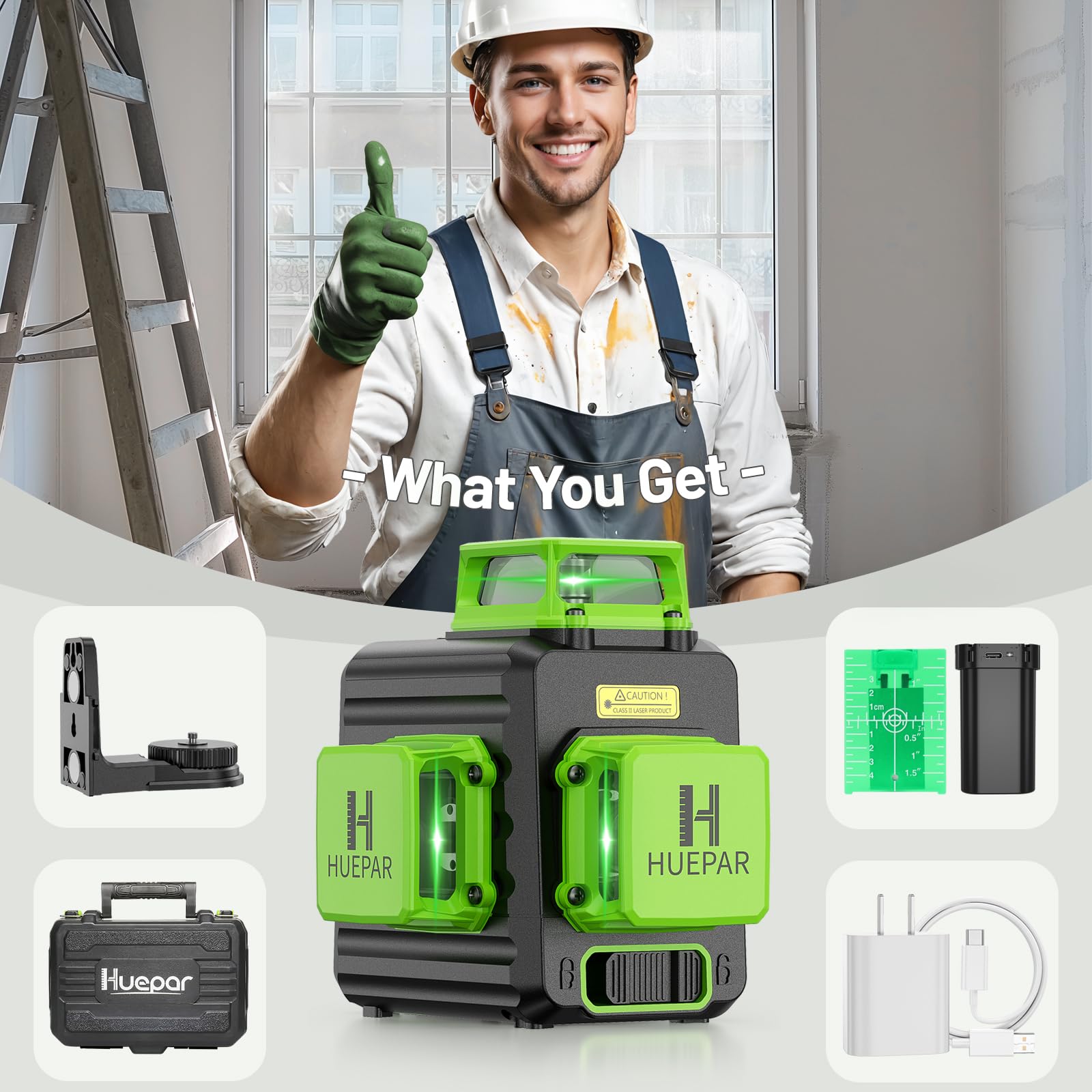 Hard carry case keeps Huepar B03CG and accessories organized and protected.