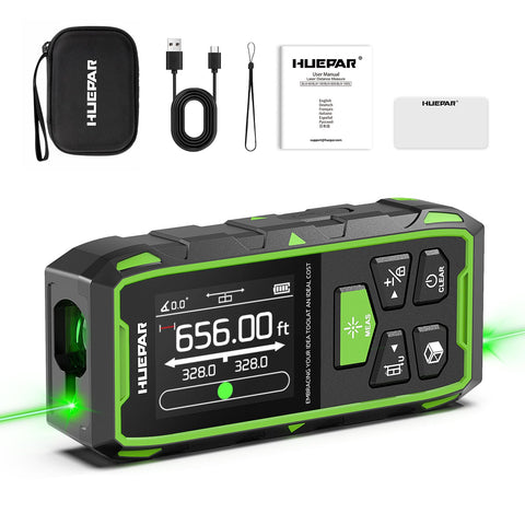 Huepar bilateral green laser distance meter front view for fast two-way measurements