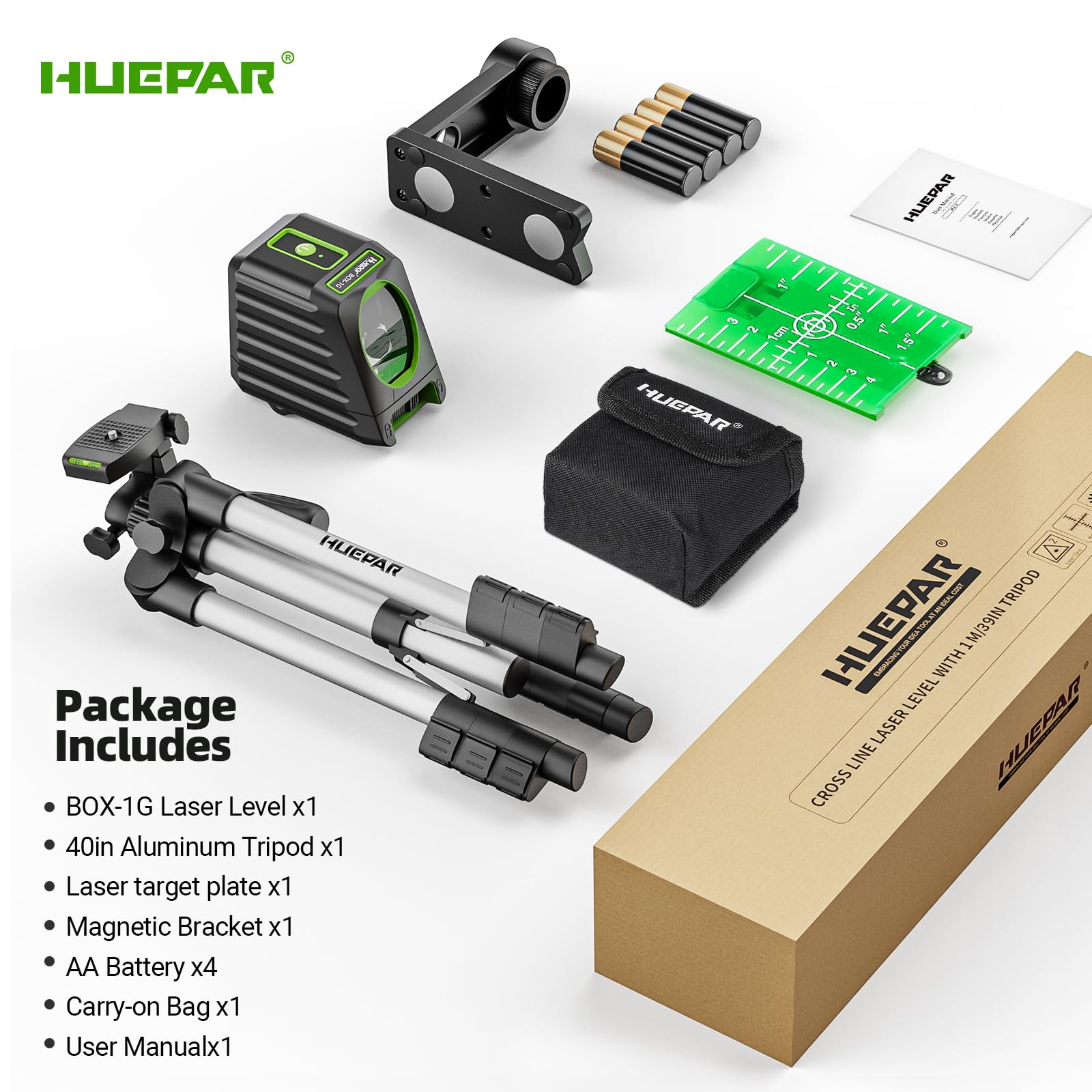 Package includes laser, tripod, batteries, manual and bag.