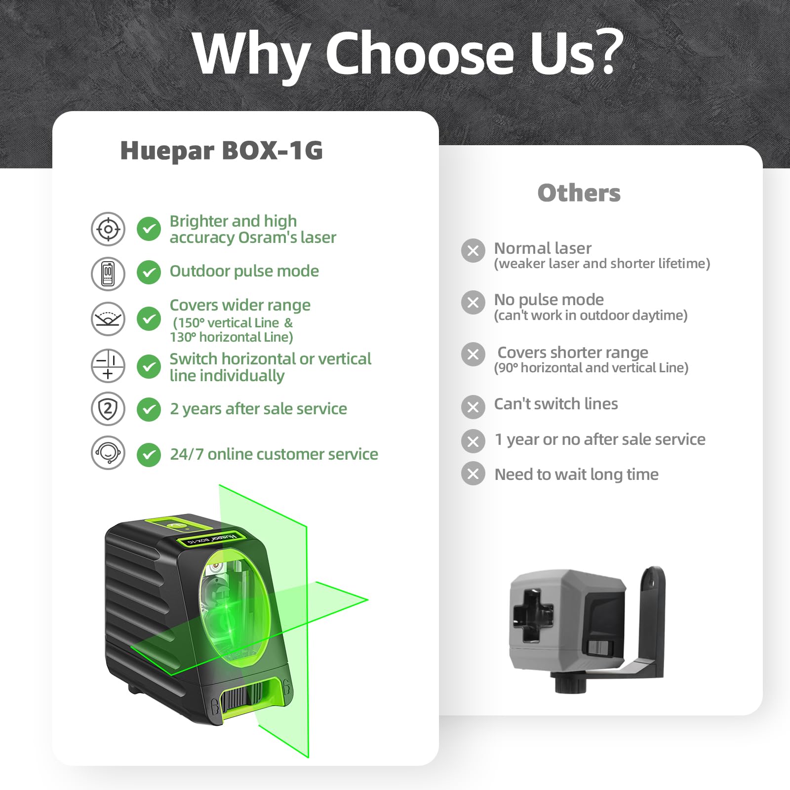Huepar BOX-1G self-leveling mode indicator showing automatic leveling assistance.
